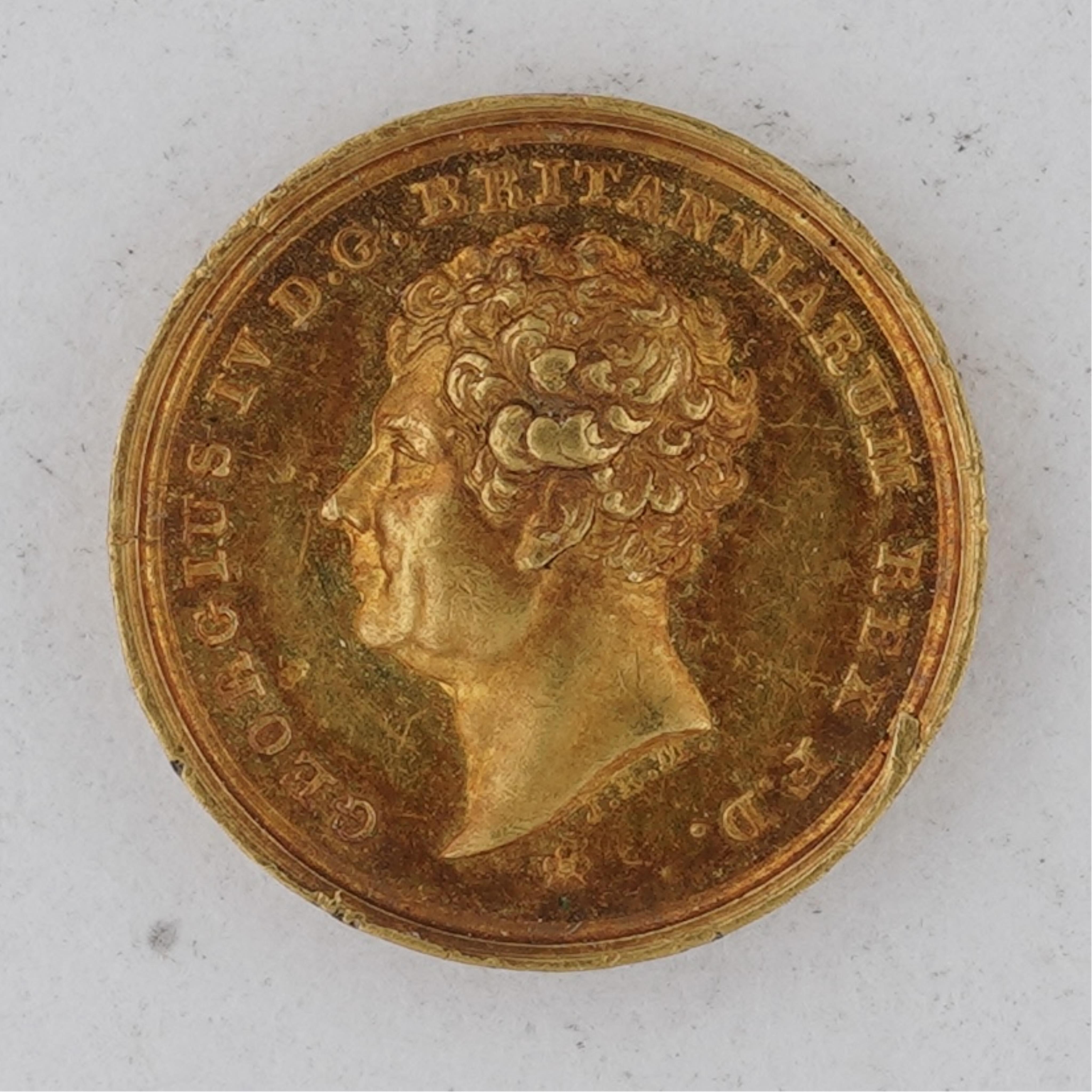 A rare gold miniature commemorative gold medal, Death of George IV, by J. Merlen. Bust, bare. GEORGIUS IV D . G . BRITANNIARUM REX F . D. , Rev. BORN AUGUST 12 1762; DIED JUNE 26 1830. ALL THE NATION LAMENTS HIS LOSS. Pl